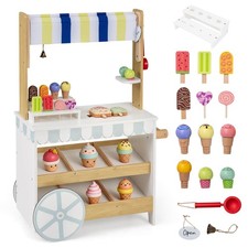 Wooden Ice Cream Cart for Kids 2-in-1 Grocery Store Playset with Display Shelves