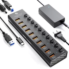 Powered USB 3.2 to Type-A, Type-C Hub, 10Gbps 10 Port Adapter, Individual LED...