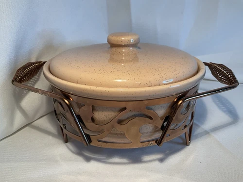Vintage Bauer Beige Lidded Casserole Dish Covered Brass Stand MCM 7.5” diameter