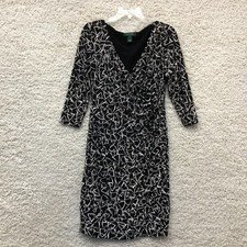 LRL Ralph Lauren Dress 8 Womens Black Wrap Sheath Surplice V Neck 3/4 Sleeve