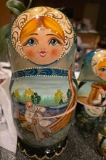 Vintage Russian Matryoshka Nesting Dolls Set 10pc Hand Painted Green Floral Folk