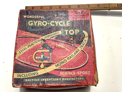 Rare Boxed Vintage Gyro Cycle Top Toy with mono rail track