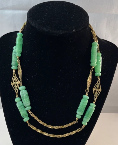 MIRIAM HASKELL Gold Tone Green Art Glass Double Strand Necklace - READ