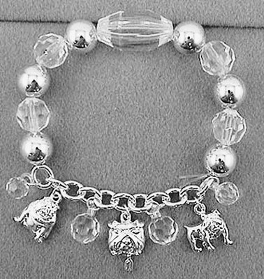 BULLDOG Mascot Charm Stretch Bracelet-Silvertone Clear Beads-3