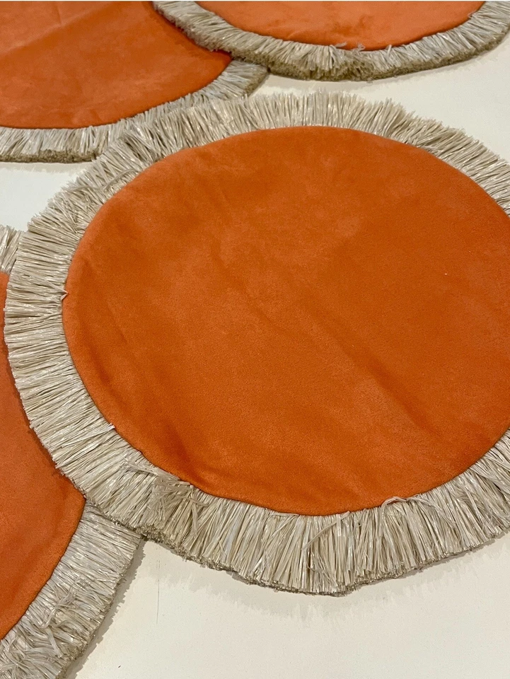 Tommy Bahama Placemats Lot Of 4 Round Orange Beige Fringe Trim Melon & Sun 17” - Image 2 of 4
