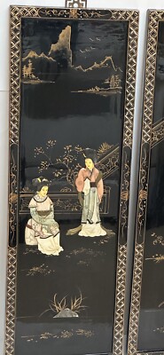 2 Vintage Asian Mother Of Pearl Soapstone Framed Art Wall Plaques