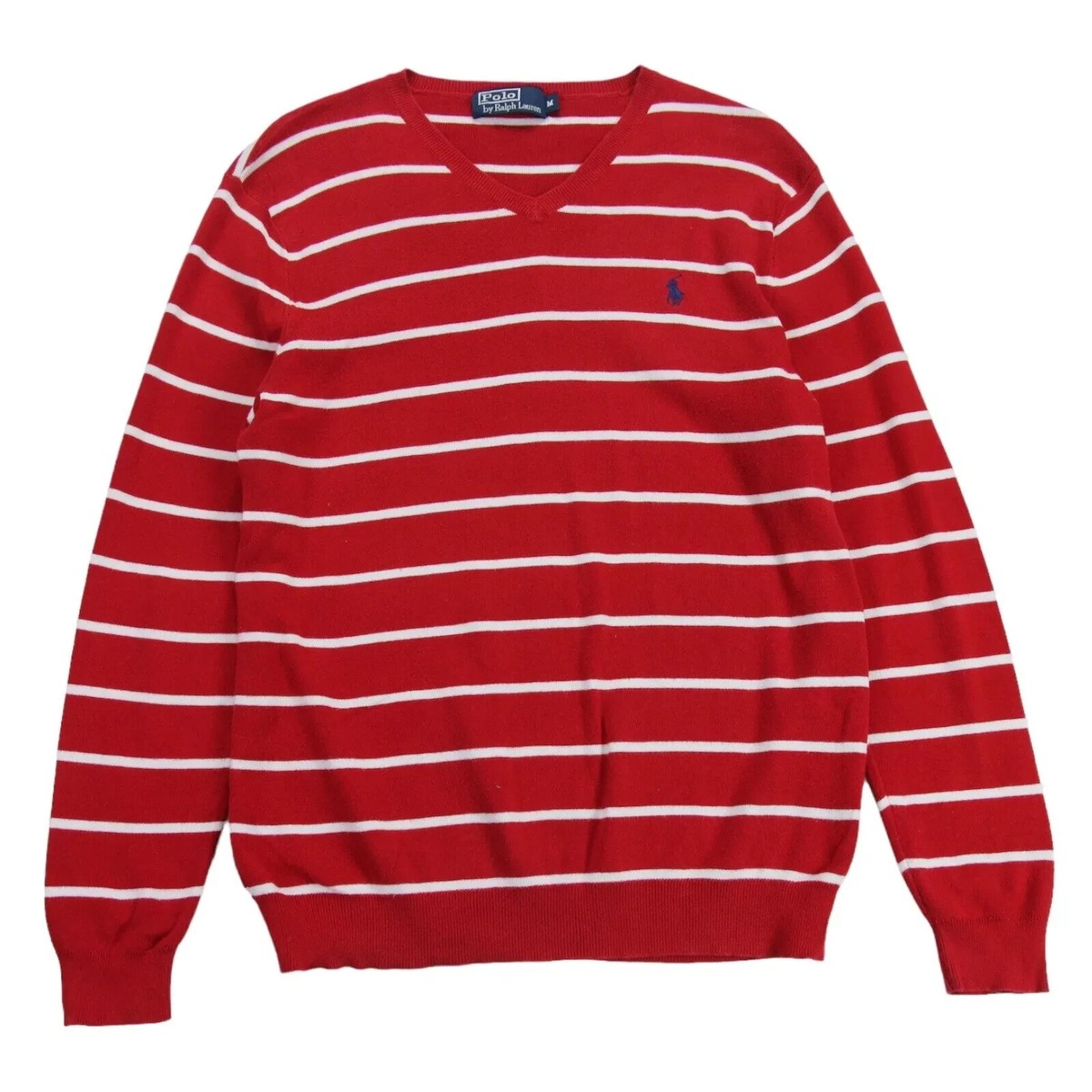 Polo Ralph Lauren Jumper Mens Medium Red White Pima Cotton Stripe V Neck  Sweater