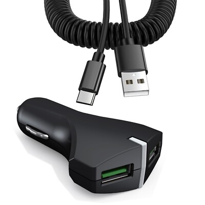 For Samsung Galaxy S20 S21 S22 Car Charger 36W Fast 2-Port USB Coiled Cable