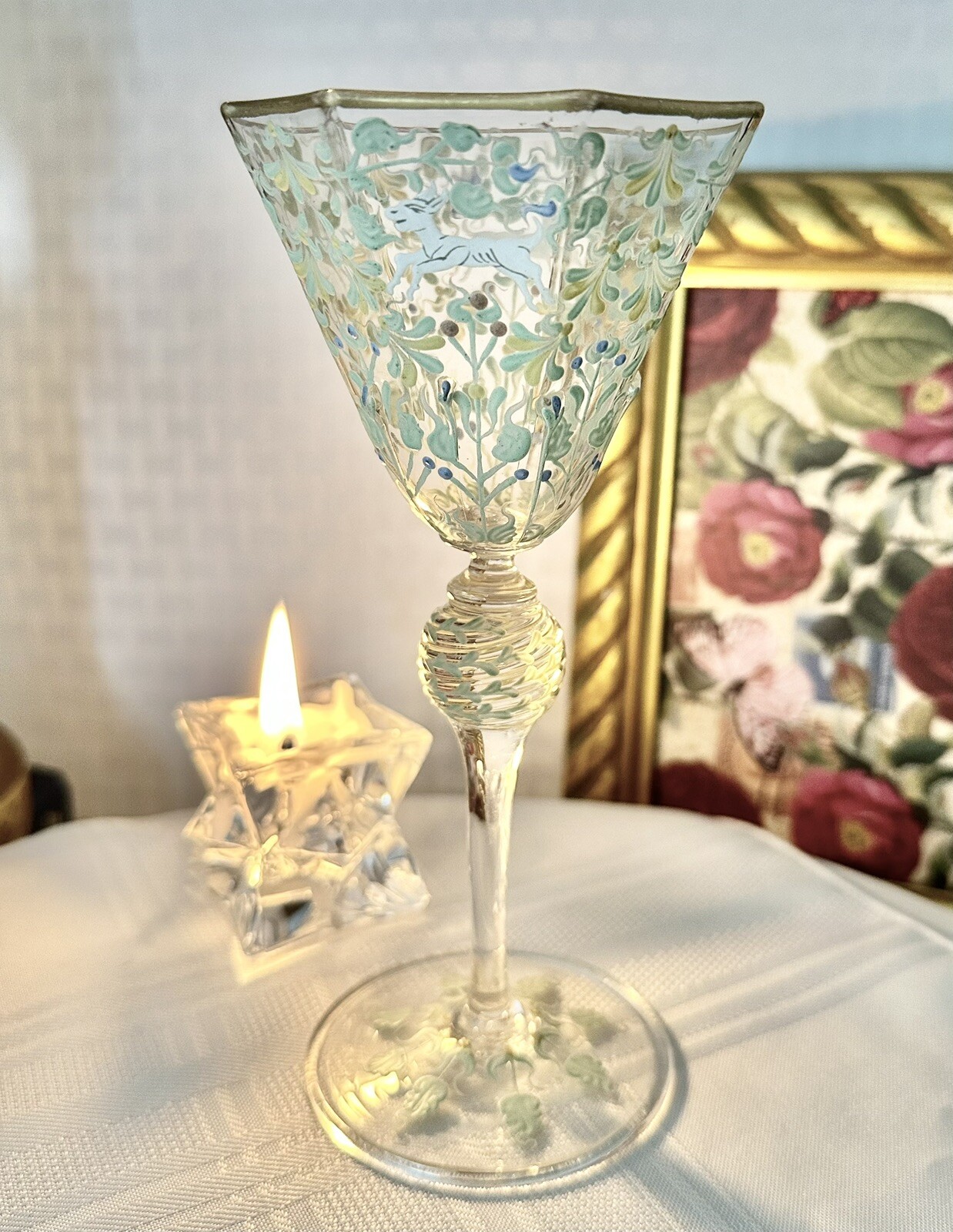 Moser Salvati Canine & Foliate Wine Glass Enameled c1900's Antique Gold Trimmed