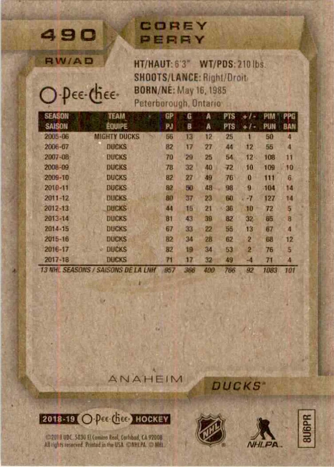 2018-19 O-Pee-Chee Corey Perry #490 - Image 2 of 2