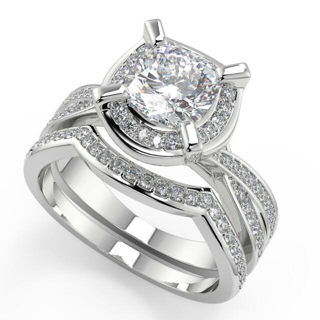 2.55 Ct Cushion Cut Halo Pave 4 Prong Diamond Engagement Ring VS2 G Treated