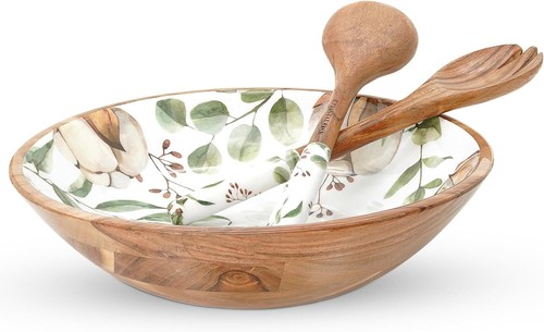 New-Large Wooden Salad Bowl Set - Premium 13-inch Acacia Wood Salad Bowl with Se