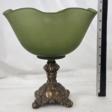 Vintage Green Satin Glass Compote Bowl Ruffled Ornate Metal Base Centerpiece