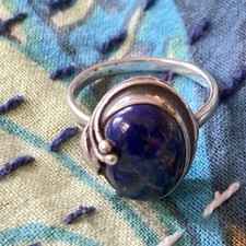 Vintage Lapis Ring Tested Silver Dark Blue Artisan Feminine Swirl Bezel Sz 6