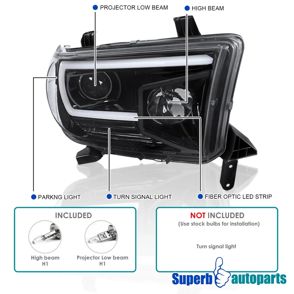 Fits 2007-2013 Toyota Tundra Sequoia Projector Headlights 07-13 Polished Black - Image 3 of 4