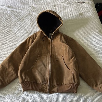 Carhartt J140 Brown Hooded Work Jacket Quilted Lined Cotton Men's Size L