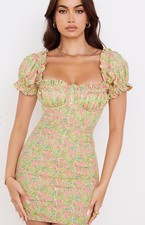 House Of CB London Yellow Puff Sleeve Floral Lined Cotton Blend Mini Dress M