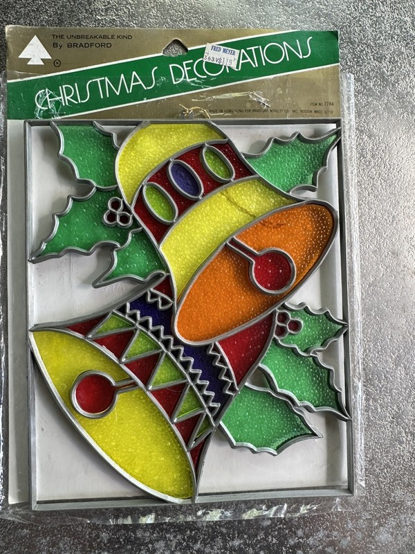 Vintage Hanging Plastic Stained Glass Sun Catcher Christmas Bells