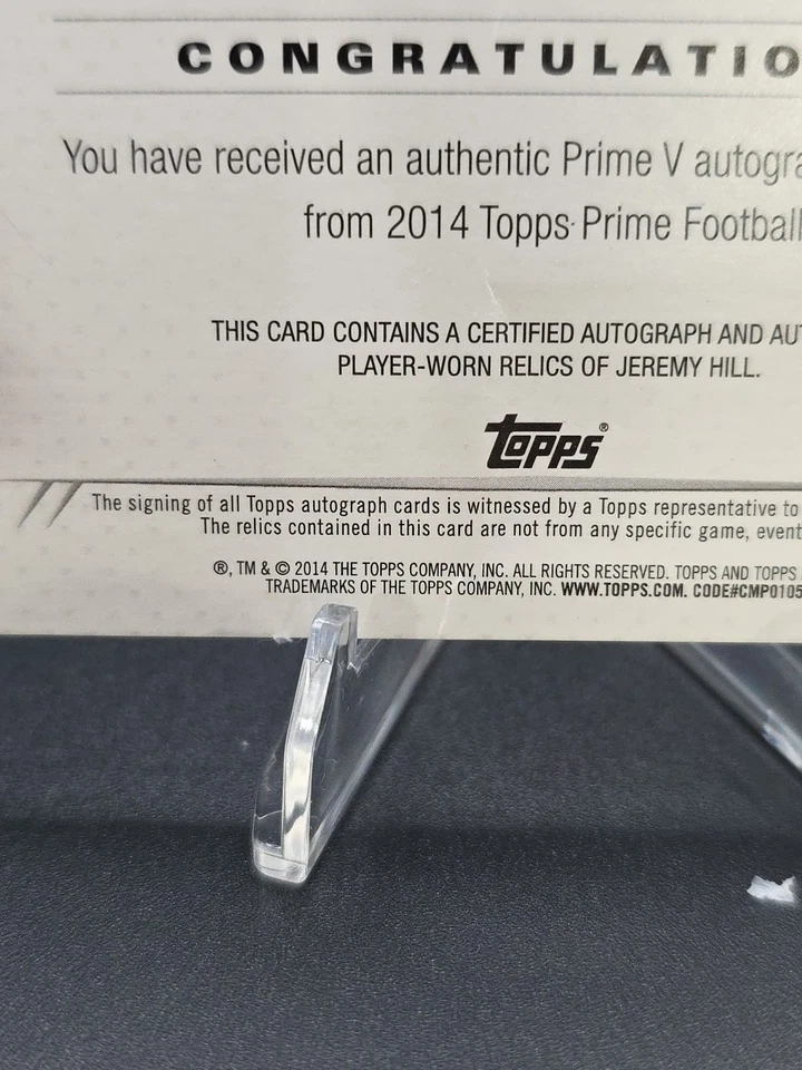 2014 Topps Prime Level V Quad Tri-Color Materials, Auto, RPA  Jeremy Hill PV-JH - Image 3 of 4