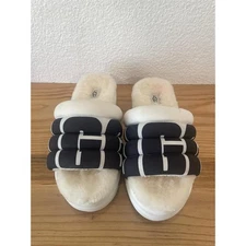 UGG Womens Maxi Slide Logo Sandal Size 8 White Platform Casual Sheepskin Cozy Co