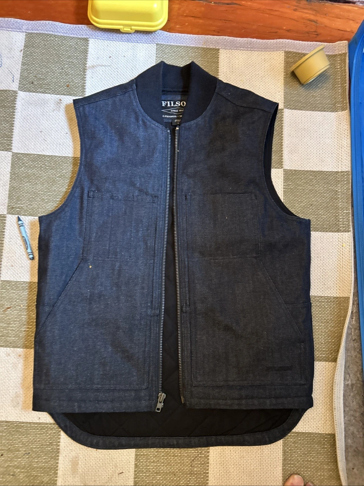 Filson Denim Insulated Work Vest Raw Indigo Blue Primaloft Wool Collar S Small