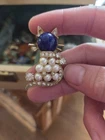 Eisenberg Vintage Cat Brooch Faux Pearls Rhinestones Blue Stone Gold Tone