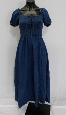 Blu Pepper Women's Smocked Front Tie Puff Sleeve Denim Midi Dress BL1 Blue Small