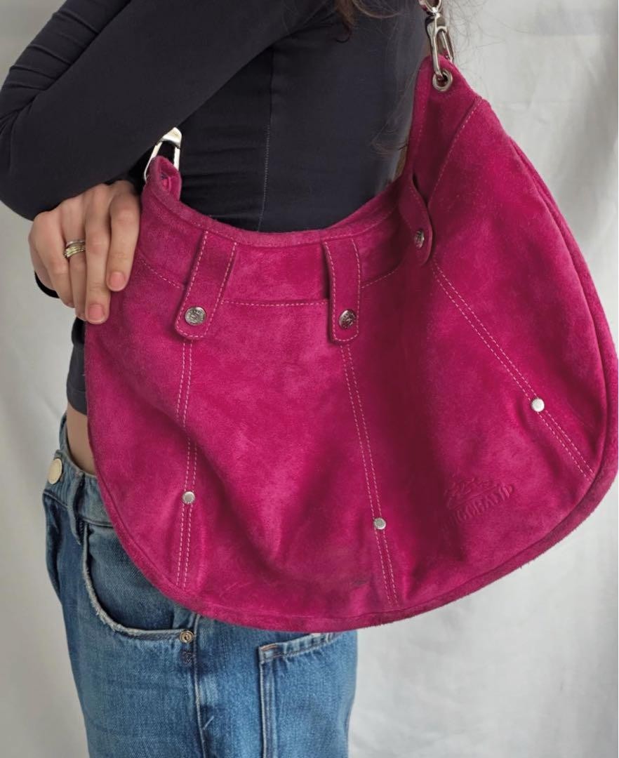 バッグ Vintage Longchamp Pink Suede Hobo 2005 Longchamp Pink Suede Hobo Shoulder Bag 2005 28x40x3cm Used