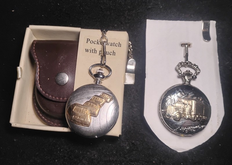 Two Vintage Pocket Watches Featuring Stock Car Racing And Big Rig Mountains