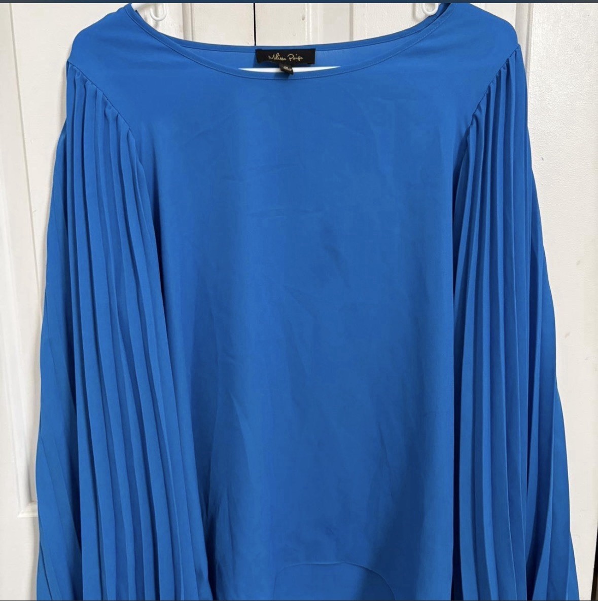 Melissa Paige Women's Blue Blouse with Pleated Sleeves, Size Medium