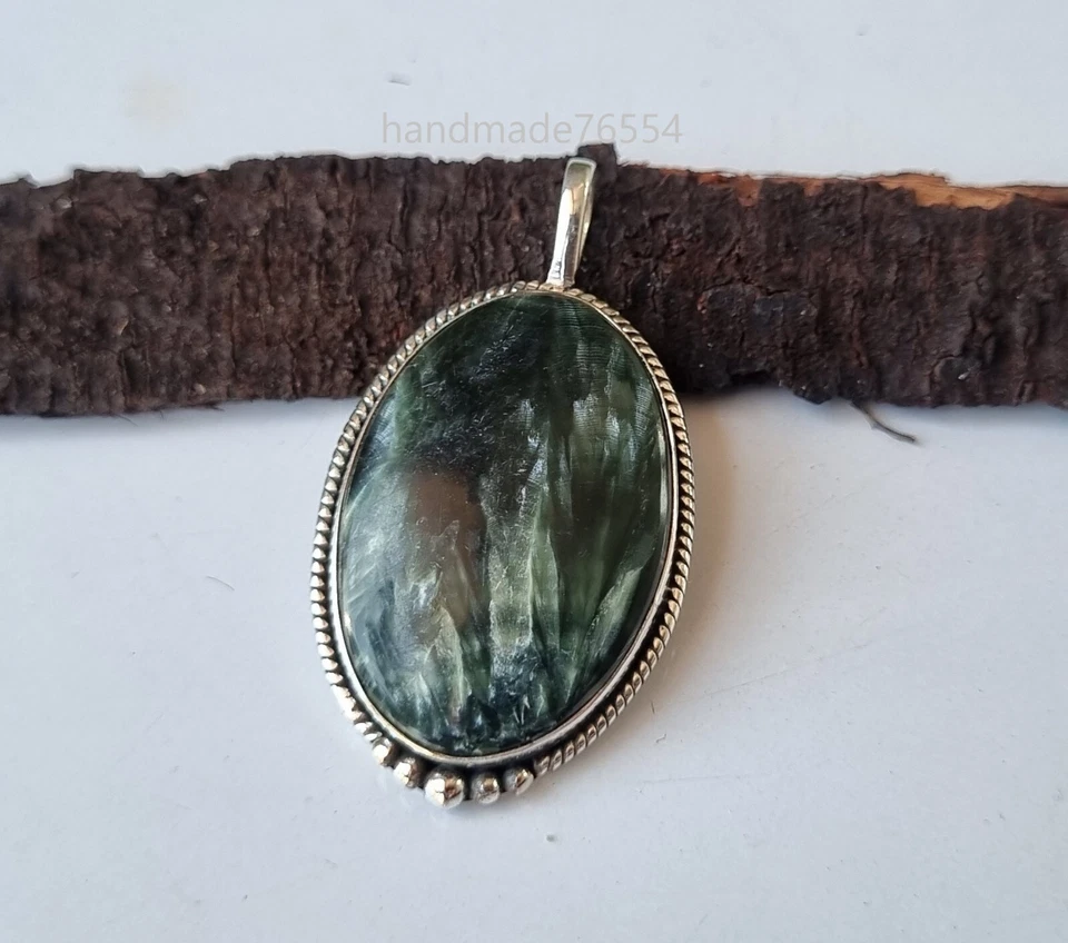 Piedras preciosas de serafinita de plata de ley 925 hechas a mano regalo para su colgante PG1216 Foto 3 de 3
