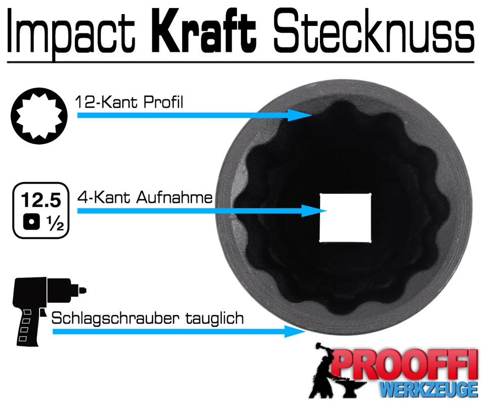 KRAFT Schlagschrauber Nuss 1/2" Stecknuss 30 mm / 12-Kant Vielzahn Profil Lang - Bild 2 von 3