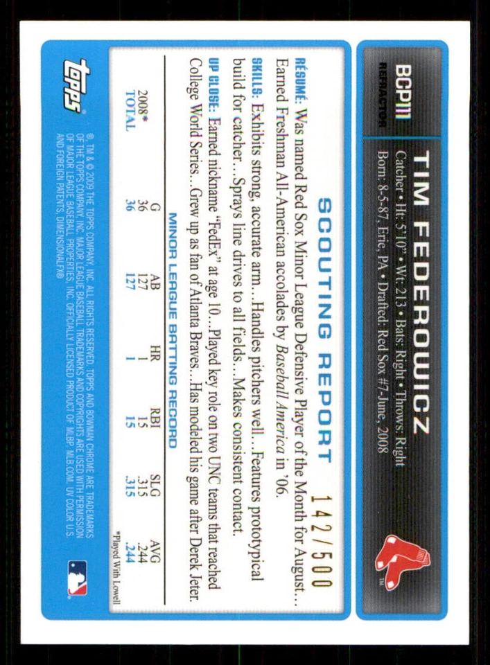 2009 Bowman Chrome Prospects Refractors #BCP111b Tim Federowicz AU /500 - Image 2 of 2