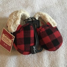 HOLIDAY TIME INFANT SLIPPERS SHOES SIZE 3-4 RED PLAID INDOOR OUTDOOR FUR LINED