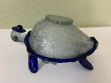 Vtg Large Glass Turtle Ashtray Cobalt Blue & Clear Textured 9” X 5” Flips Over