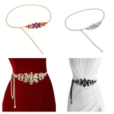 Women's Skinny Crystal Flower Waist Belt Jeans Dress Metal Chain Waistband Decor