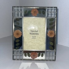 Dried Flower Picture Frame Holds 3.5x5   Metal Frame Pressed Floral Mirrored
