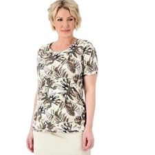 Denim & Co. Active Printed Lightweight Perfect Jersey Keyhole Top Neutral Large