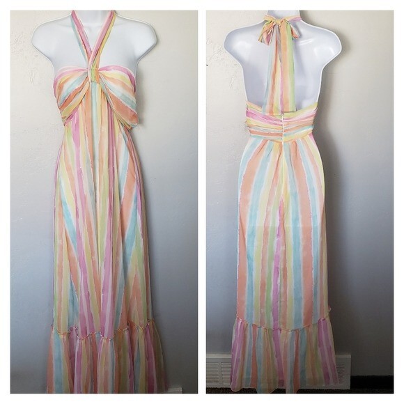 Skylar Rose Small Halter Top Maxi Dress Colorful Stripes Spring Summer  Easter