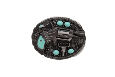 New turquoise revolver bull feather belt buckle approximately 3.75 inch wide Accessories | New Turquoise Revolver Bull Feather Belt  main image 3