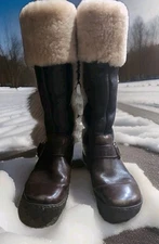 Dark Brown Born Tall Pebbled Leather Boots Thick Shearling Lined Sz 9 / 40.5 