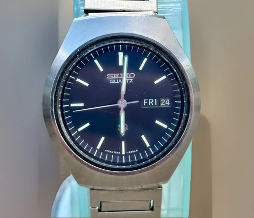 Vtg 1978 Seiko SQ Quartz 7546-8279 Day-Date Midnight Blue Dial Stainless Japan