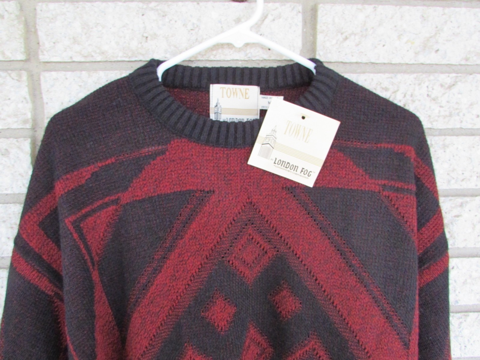 London Fog Towne Men's Med Geometric Print Knit Crewneck Sweater Vintage 90s USA