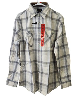 Jachs MFG Mens M Cotton Linen Button Up Plaid Shirt Long Sleeve Cream Light Blue