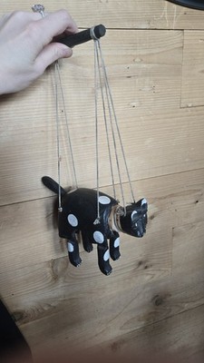 VTG Folk Art Wooden Cat Marionette Puppet Black White Spotted Hand Carved Kitten