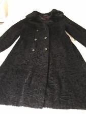 Vintage Retro Black Faux Persian Lamb Astrakhan Coat Vegan Fur Velvet Size 12/14