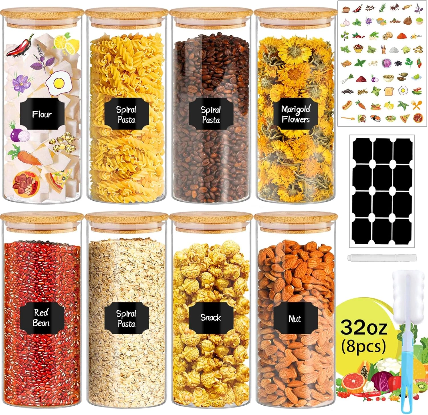 32 Oz 8 Pcs Glass Jars with Bamboo Lids, Stackable Clear Food Storage Jars, Airt