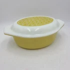 VTG 1970 Promo Pyrex Oval Casserole 043 1.5 QT Wicker Opal Lid Green Weave Retro