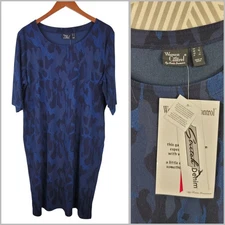 New Women With Control Dress Large Sheath Shirt Navy Blue Denim Leopard Cheetah