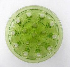 VINTAGE DARK GREEN GLASS FOOTED 16 HOLE ROUND FLOWER FROG